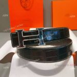High Quality Copy Hermes Black Crocodile Leather Strap 38mm Reversible Belt